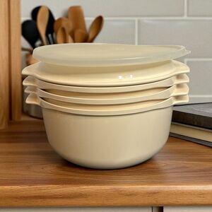 Tupperware Microwave Stack Cooker Steamer Almond 6 Piece Set Vintage Dishes